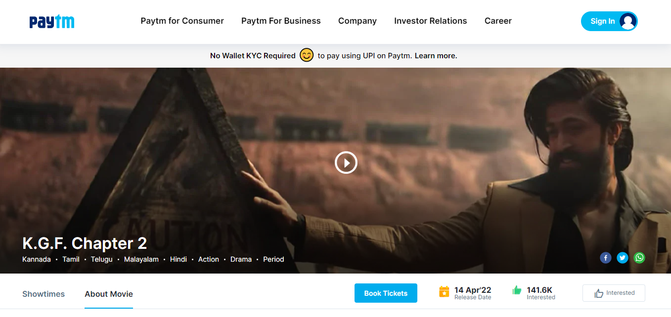 paytm kgf chapter 2 booking