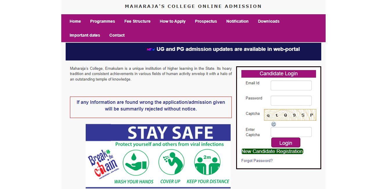 maharajas college online admission 2022